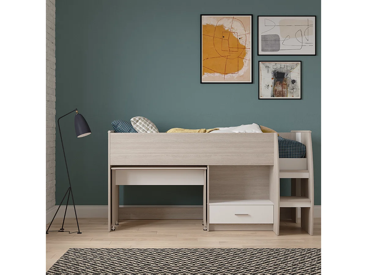 Lit combiné bureau 1 tiroir 90x200 cm sommier inclus L120,9 cm - NANO