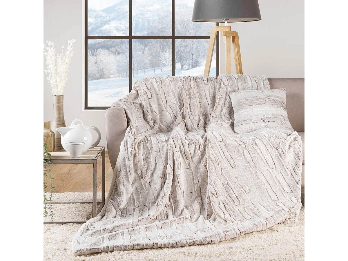 Koc w Kratkę Imitacja Futra "Ryś" 180x220cm Naturalny - Ciepłe i Luksusowo Wygodne