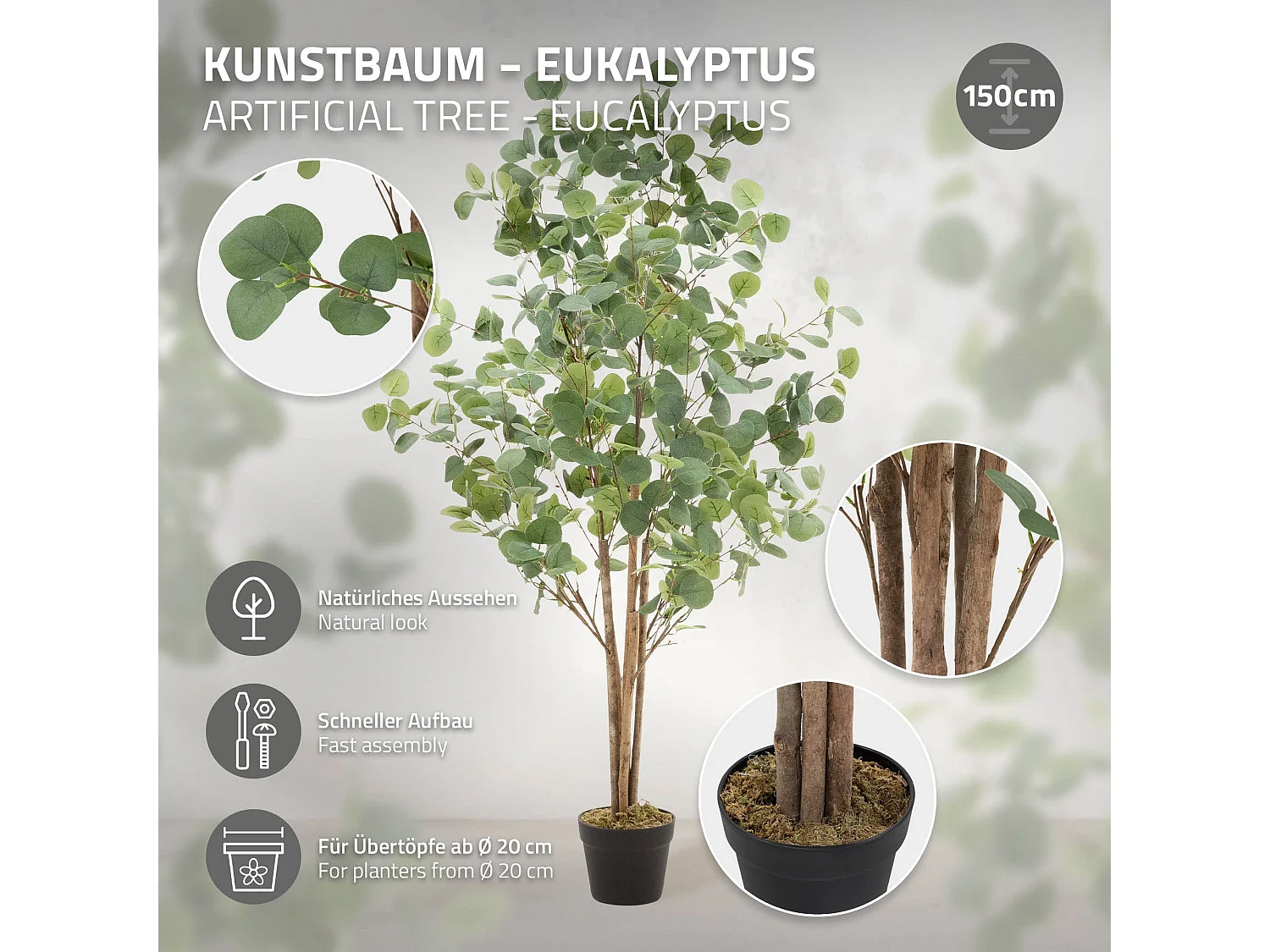 Eucalipto artificiale in vaso 150 cm – pianta finta albero decorativo realistico
