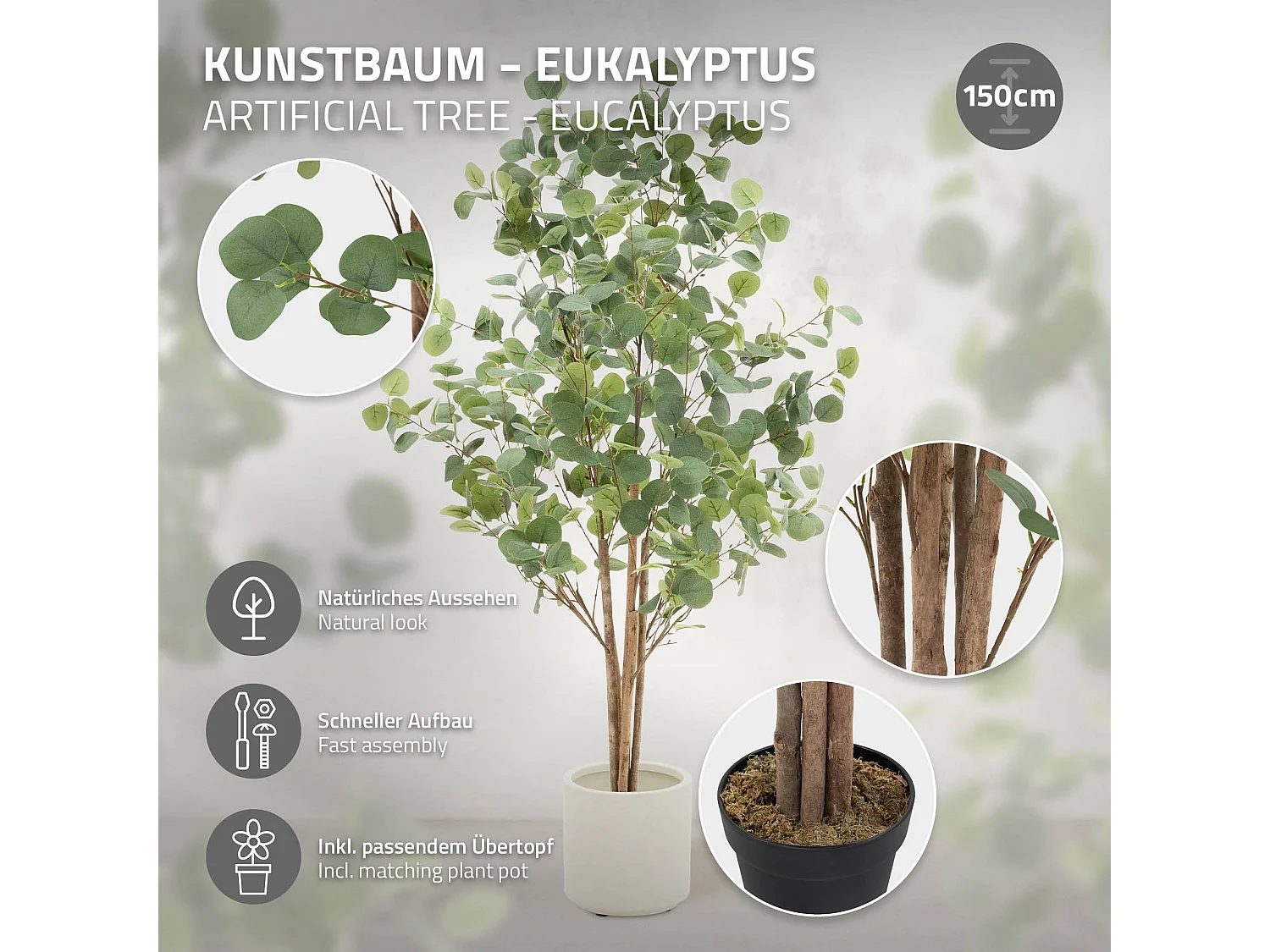 Eucalipto artificial decorativo 150cm realista árbol plástico interior/exterior