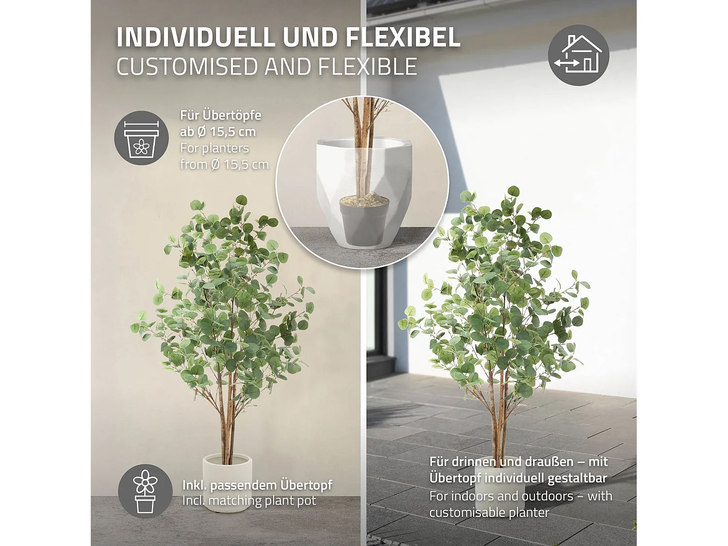 Eucalipto artificial decorativo 150cm realista árbol plástico interior/exterior