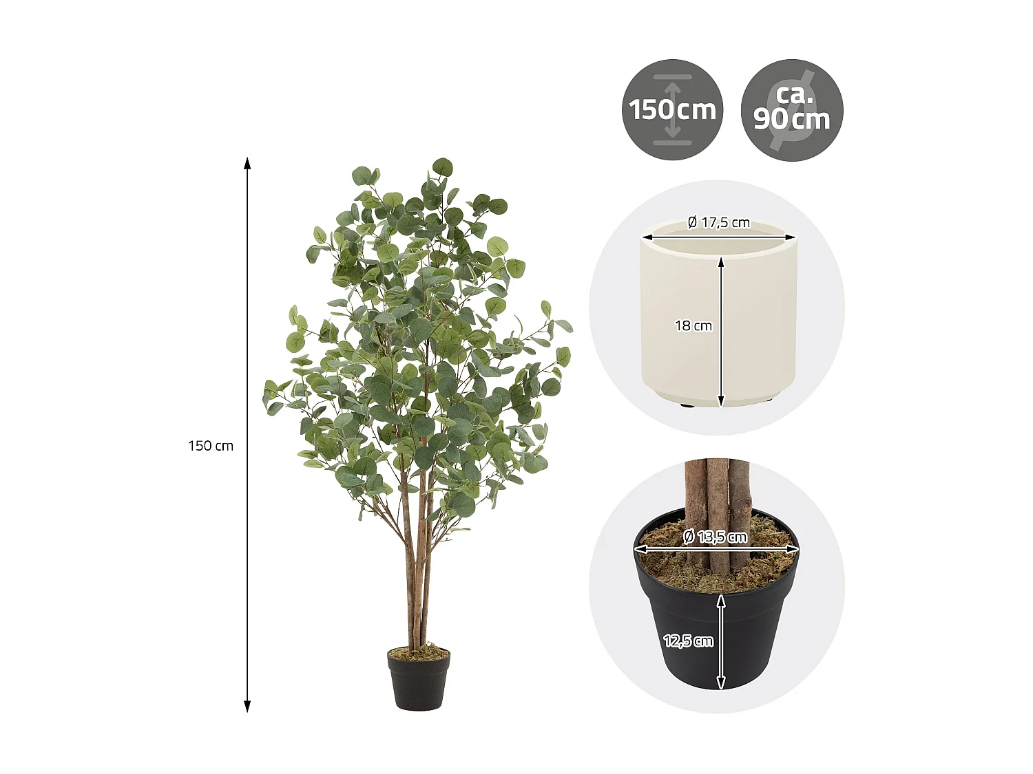 Eucalipto artificial decorativo 150cm realista árbol plástico interior/exterior