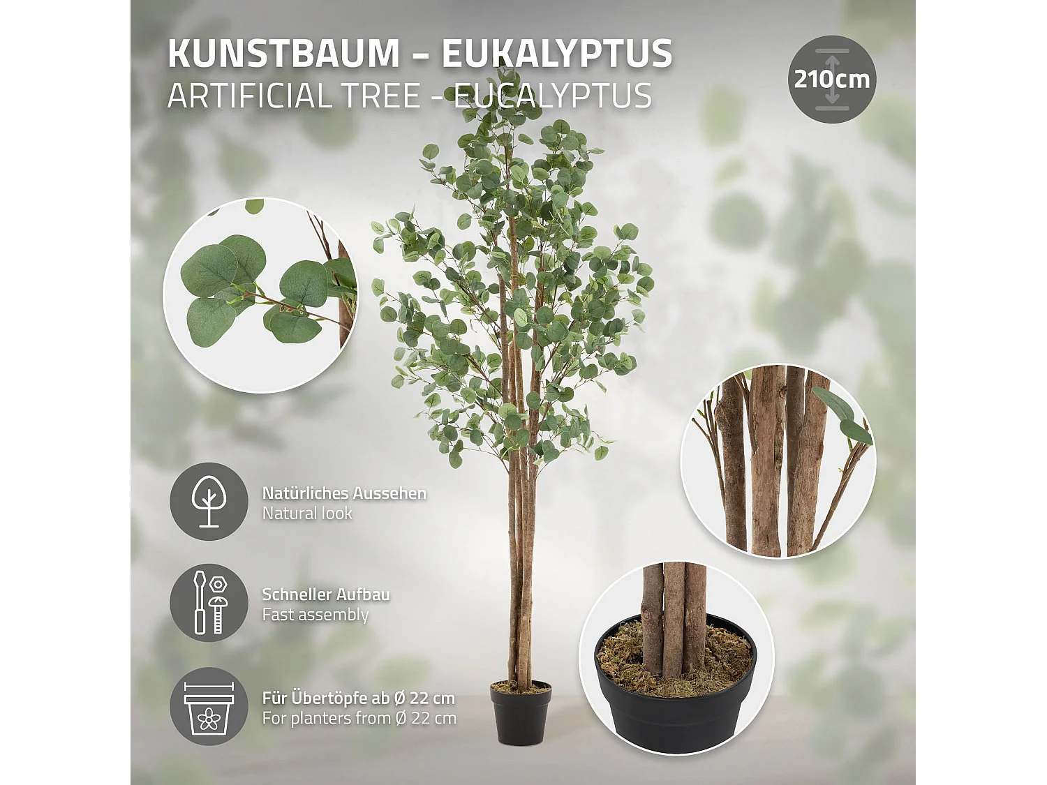 Eucalipto artificiale in vaso 210 cm – pianta finta albero decorativo realistico