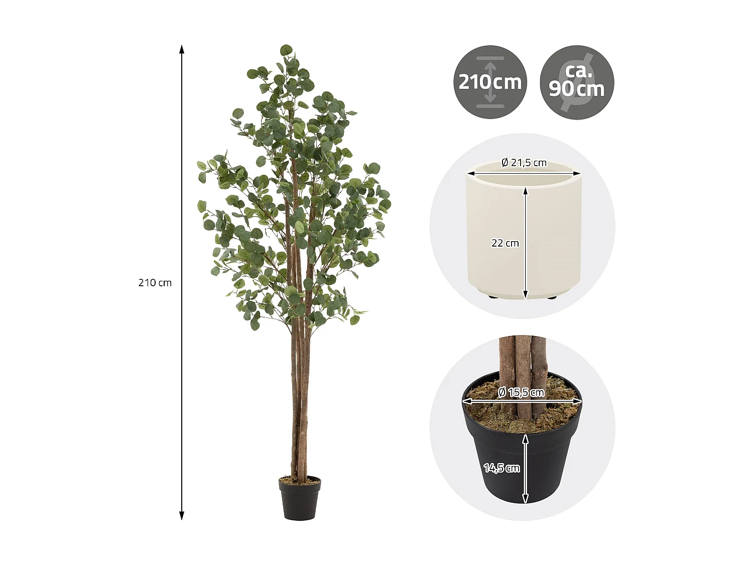 Eucalyptus artificiel plante avec tronc arbre en pot 210 cm déco de salon jardin