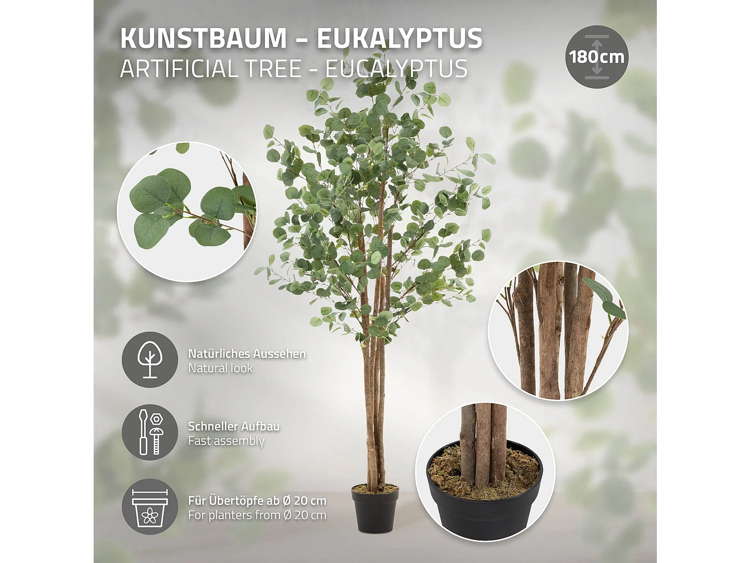 Eucalyptus artificiel plante avec tronc arbre en pot 180 cm déco de salon jardin