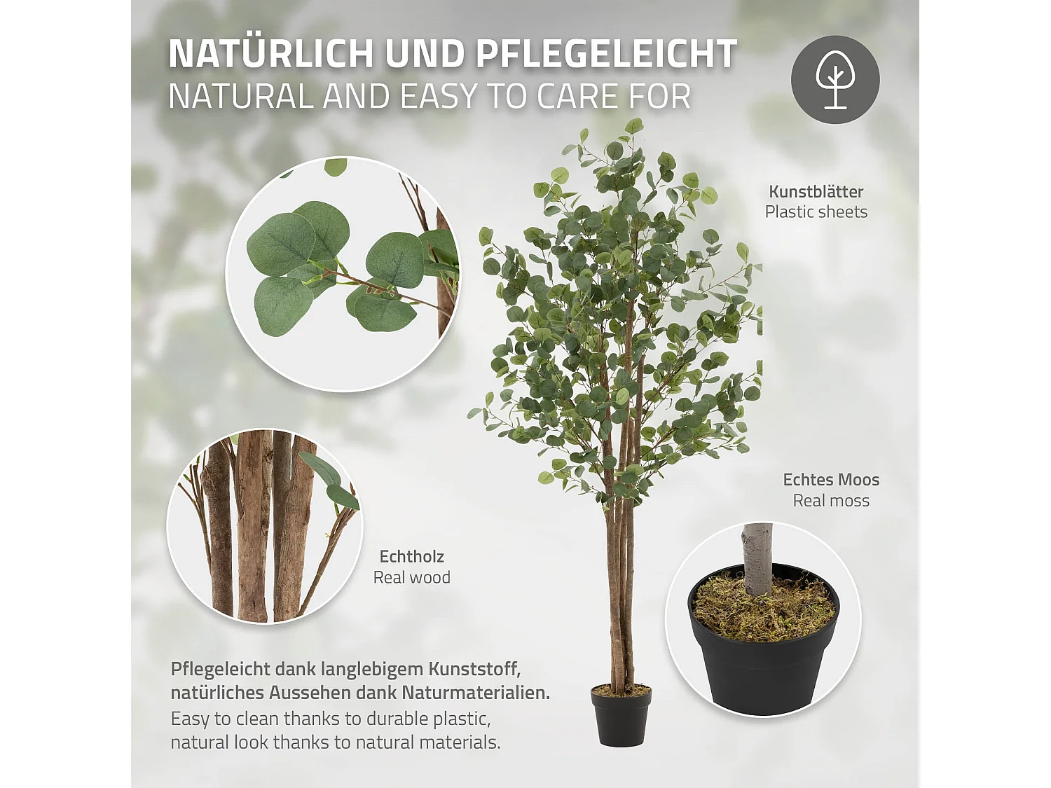 Eucalipto artificial decorativo 180cm realista árbol plástico interior/exterior