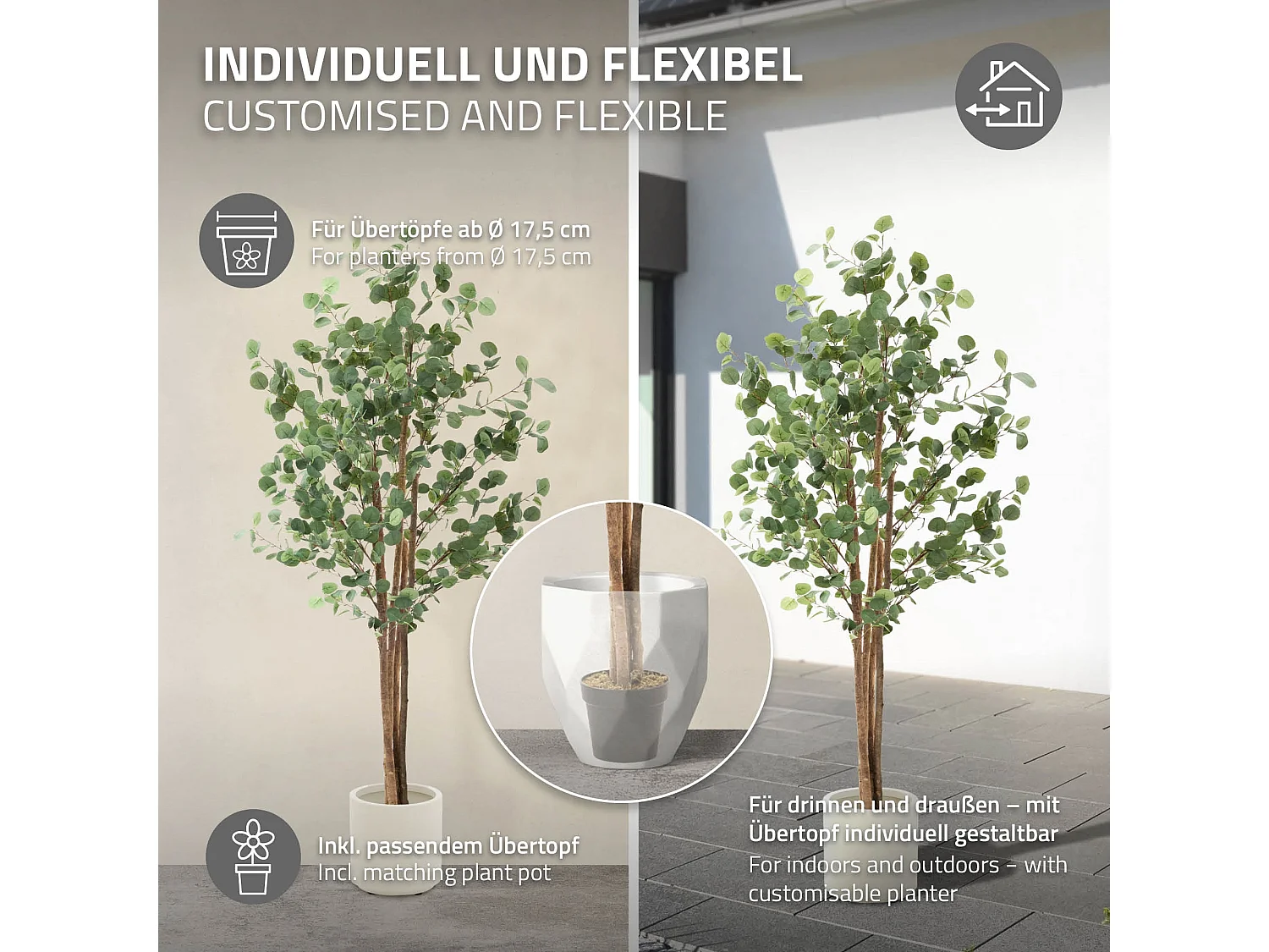 Eucalipto artificial decorativo 180cm realista árbol plástico interior/exterior