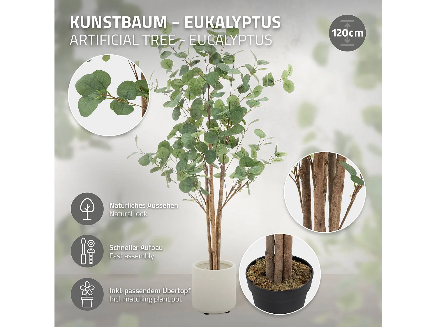 Eucalipto artificiale in vaso 120 cm – pianta finta albero decorativo realistico