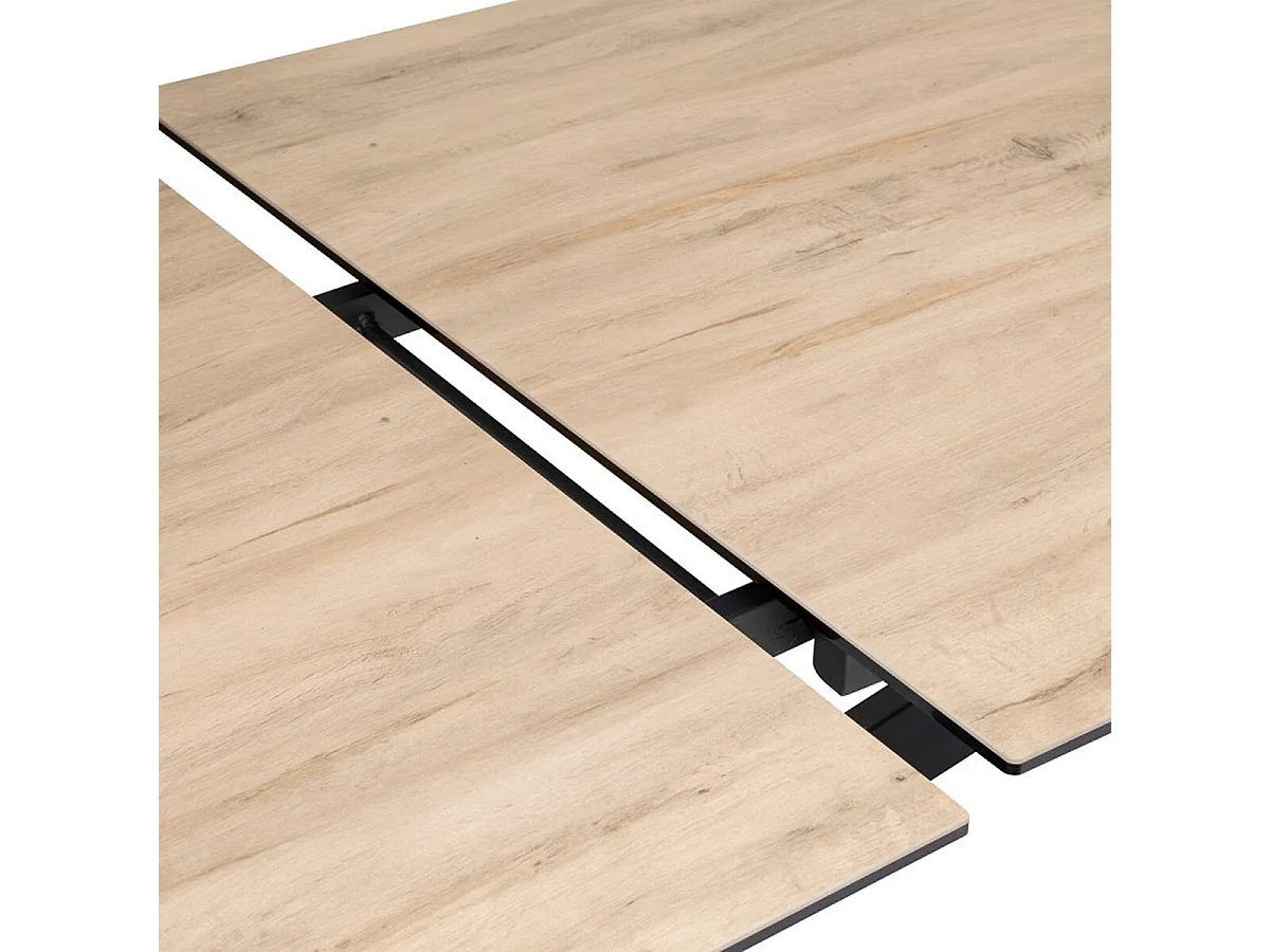 Table à dîner, table de repas extensible en métal et verre céramique effet bois