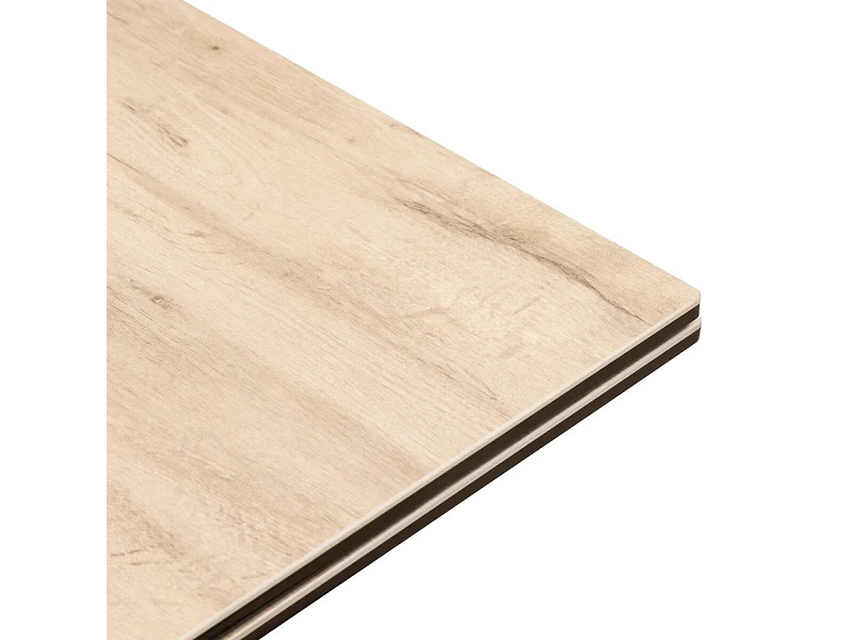 Table à dîner, table de repas extensible en métal et verre céramique effet bois