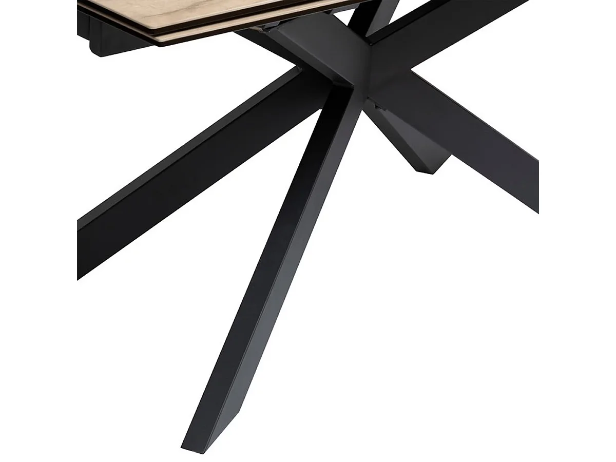 Table à dîner, table de repas extensible en métal et verre céramique effet bois