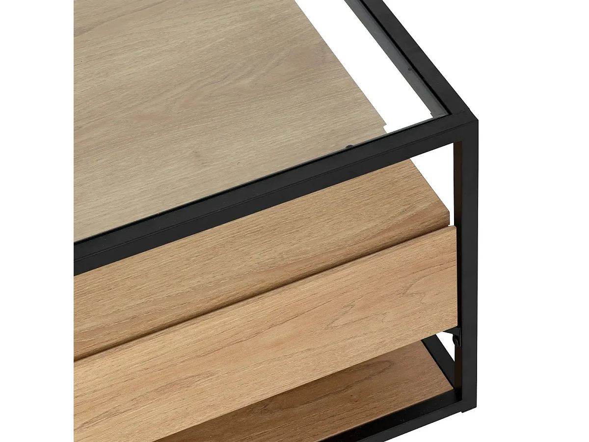 Table basse, table de salon avec 2 tiroirs en bois coloris naturel et verre trempé