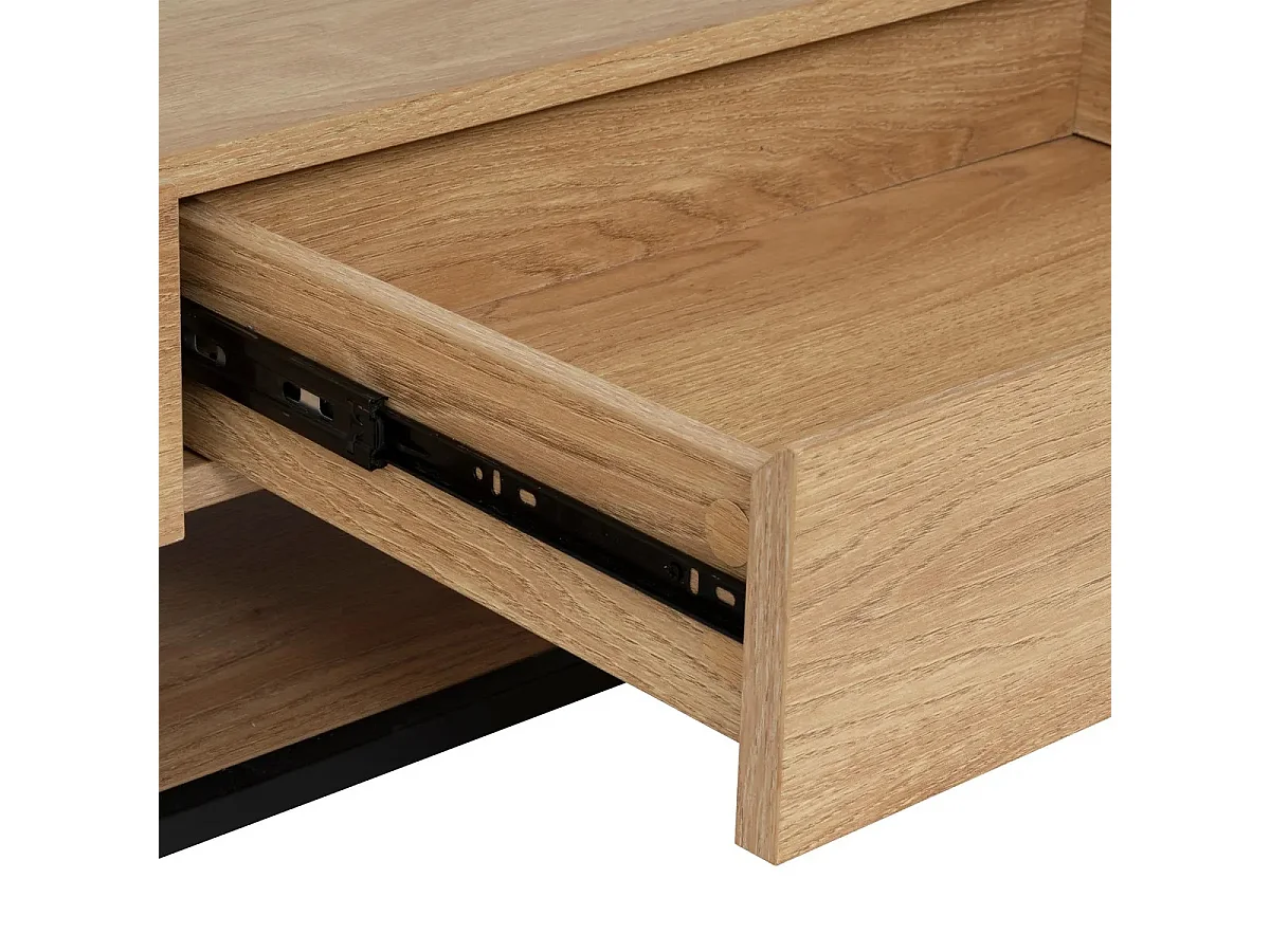 Table basse, table de salon avec 2 tiroirs en bois coloris naturel et verre trempé