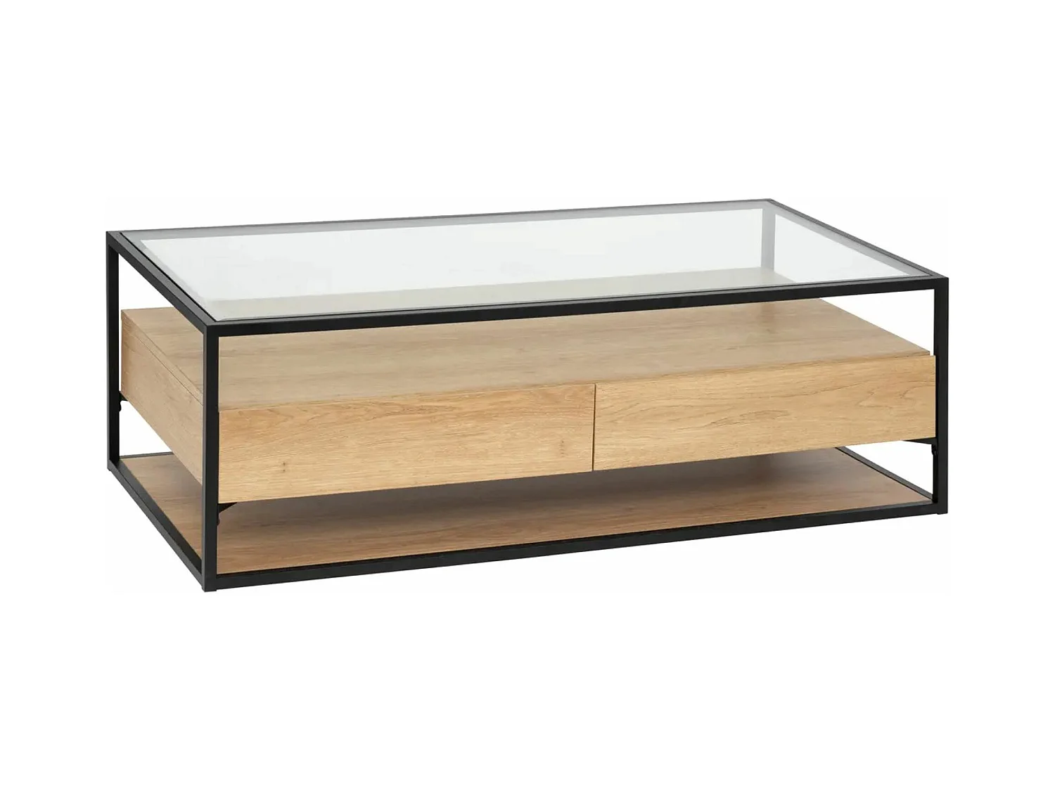Table basse, table de salon avec 2 tiroirs en bois coloris naturel et verre trempé