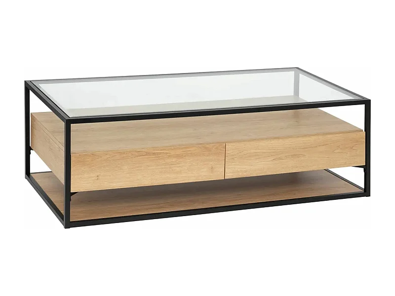 Table basse, table de salon avec 2 tiroirs en bois coloris naturel et verre trempé