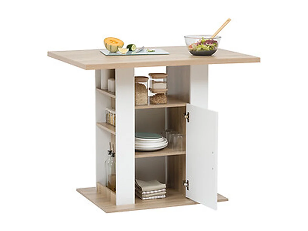 Ilot de cuisine, Meuble de cuisine en bois coloris naturel, blanc - Longueur 90 x Profondeur 80 x Hauteur 110 cm