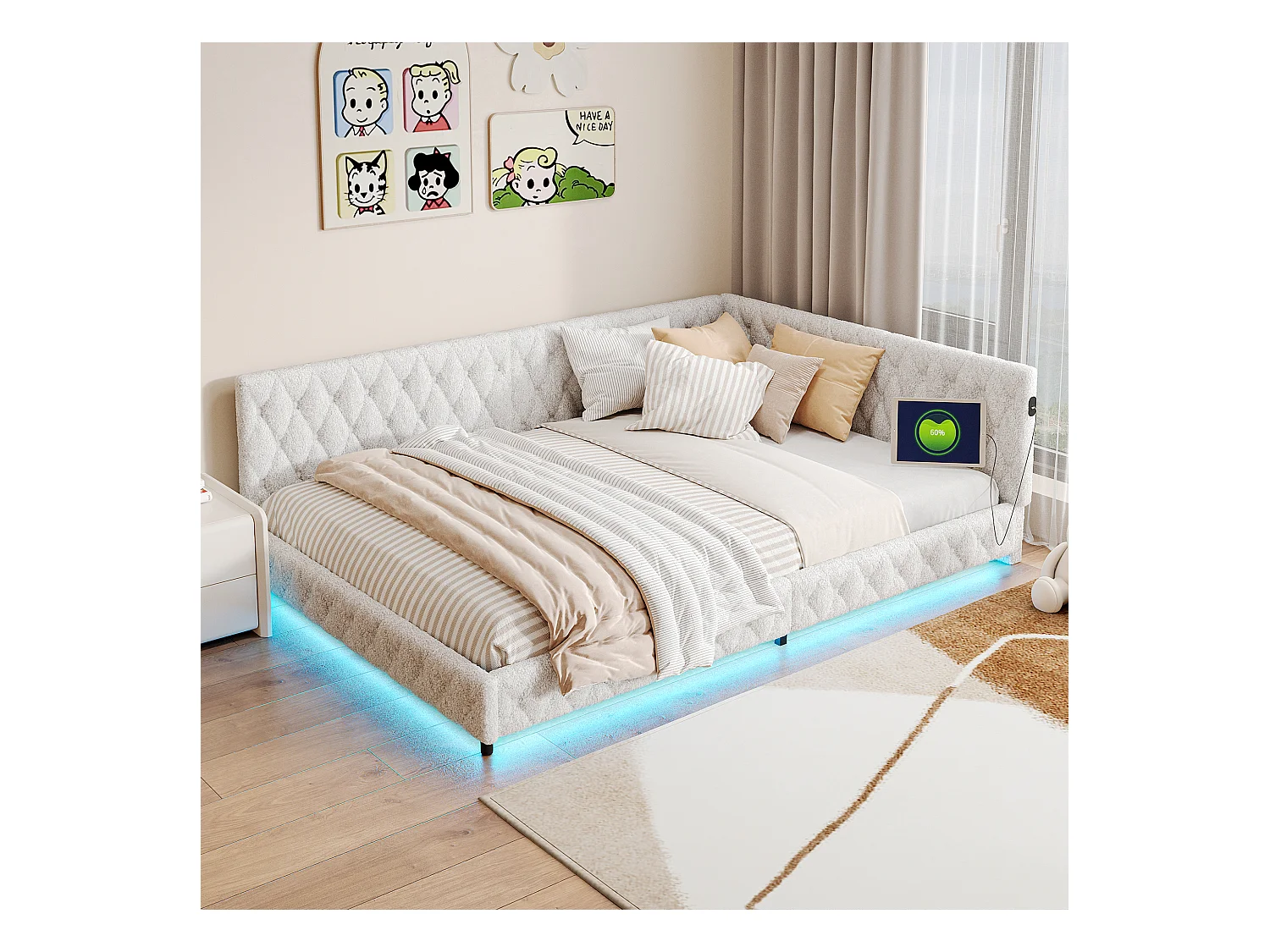 Lit tapissé multifonction 140x200 cm – Canapé-lit avec éclairage LED et port USB, idéal pour les chambres d'amis - Beige