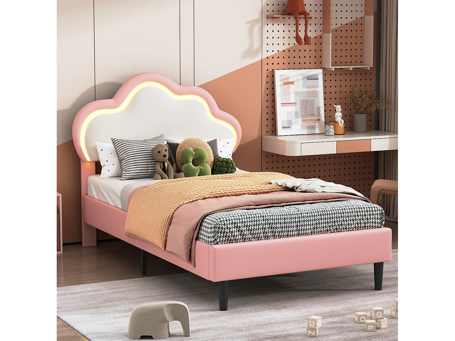 Lit capitonné 90x200 cm avec LED et tête de lit en forme de couronne, Lit Simple 90x200 avec sommier à lattes, Lit avec tête de lit réglable en hauteur, PU, Rose