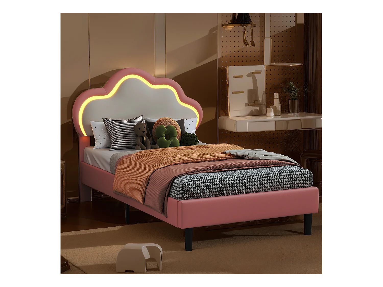 Cama estofada 90x200 cm com LED e cabeceira em forma de coroa, Cama de solteiro 90x200 com estrado de ripas, Cama com cabeceira regulável em altura, PU, Rosa