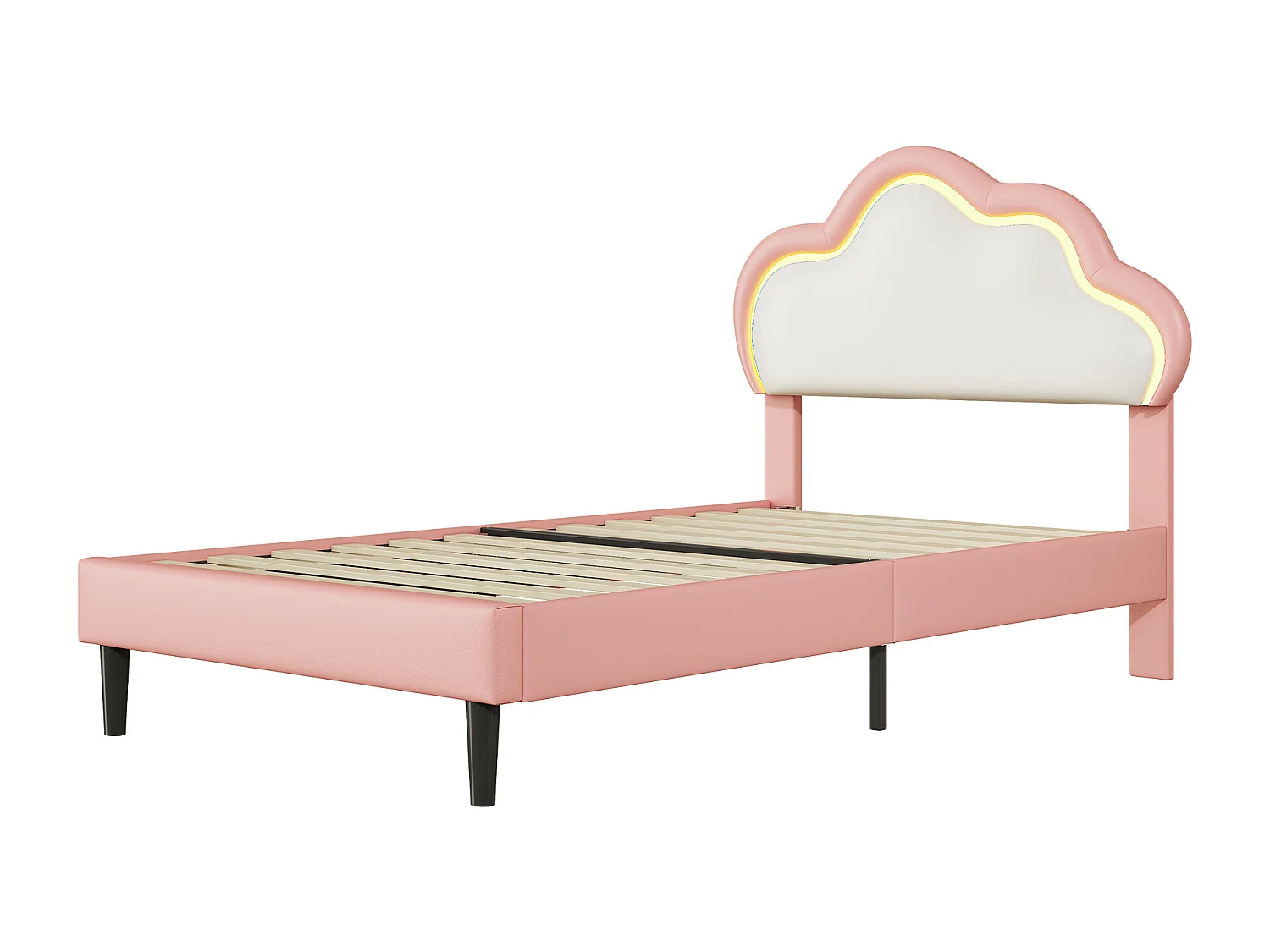 Lit capitonné 90x200 cm avec LED et tête de lit en forme de couronne, Lit Simple 90x200 avec sommier à lattes, Lit avec tête de lit réglable en hauteur, PU, Rose