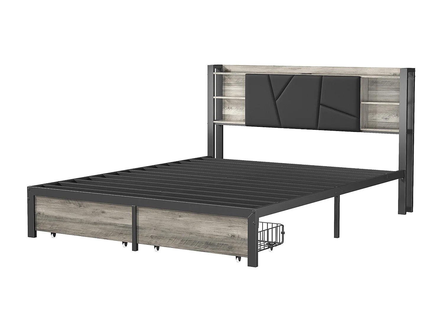 Bed 160x200 cm met USB en 2 lades, PU-gevoerd hoofdeinde, metalen en houten frame, Tweepersoonsbed met LED-verlichting, Zonder matras