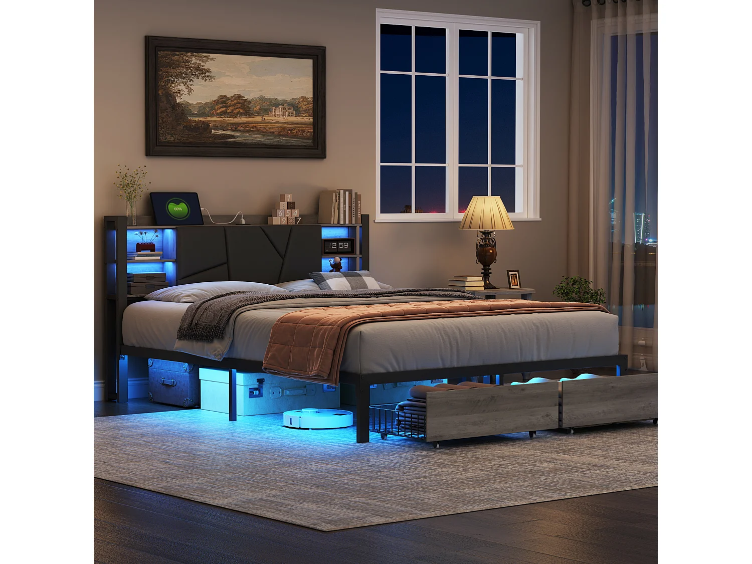 Bed 160x200 cm met USB en 2 lades, PU-gevoerd hoofdeinde, metalen en houten frame, Tweepersoonsbed met LED-verlichting, Zonder matras