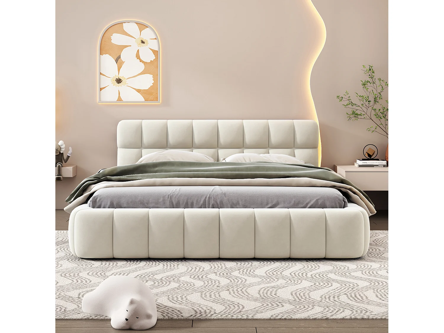 Letto per adulti 140x200cm, letto matrimoniale in lino con schienale morbido, letto piano con struttura imbottita, rete a doghe, testiera, beige