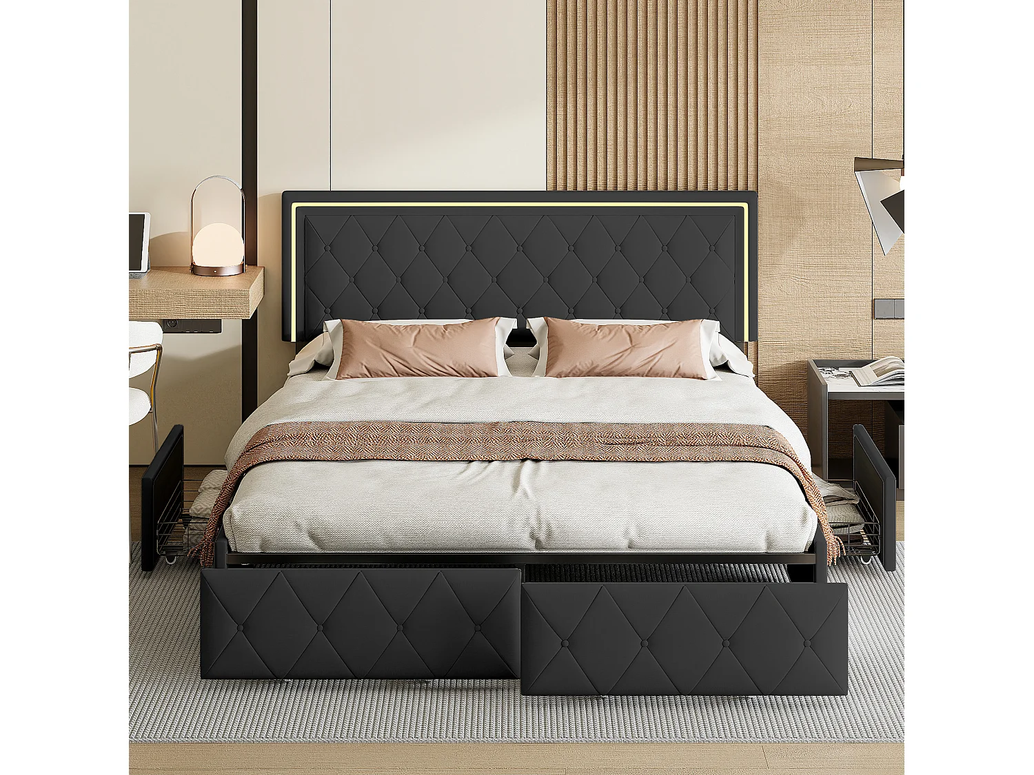 Cama de casal 160x200cm com LED e 4 gavetas - tecido couro sintético - Preto