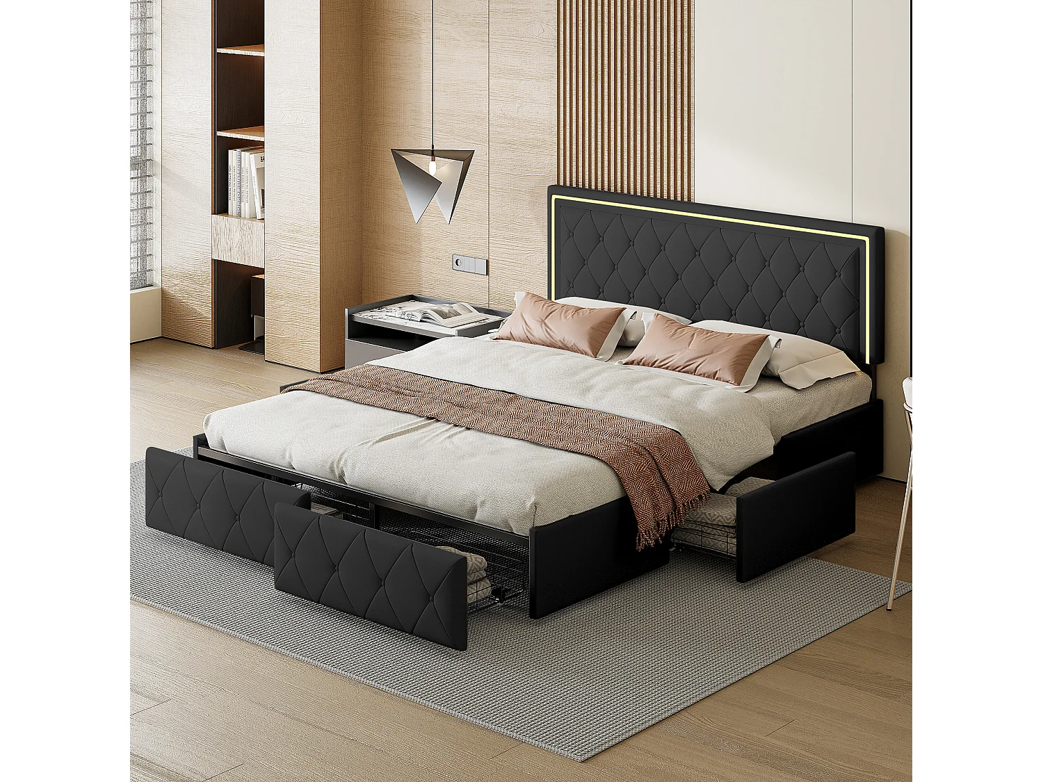 Cama de casal 160x200cm com LED e 4 gavetas - tecido couro sintético - Preto