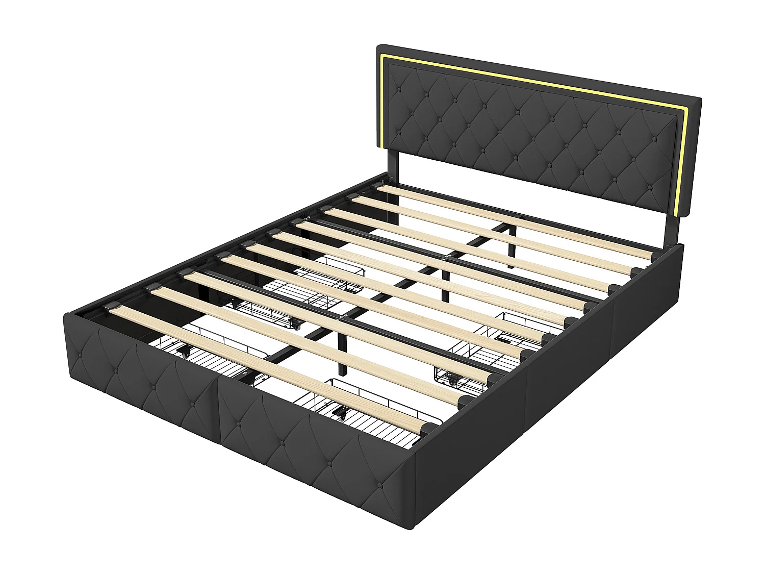 Cama de casal 160x200cm com LED e 4 gavetas - tecido couro sintético - Preto