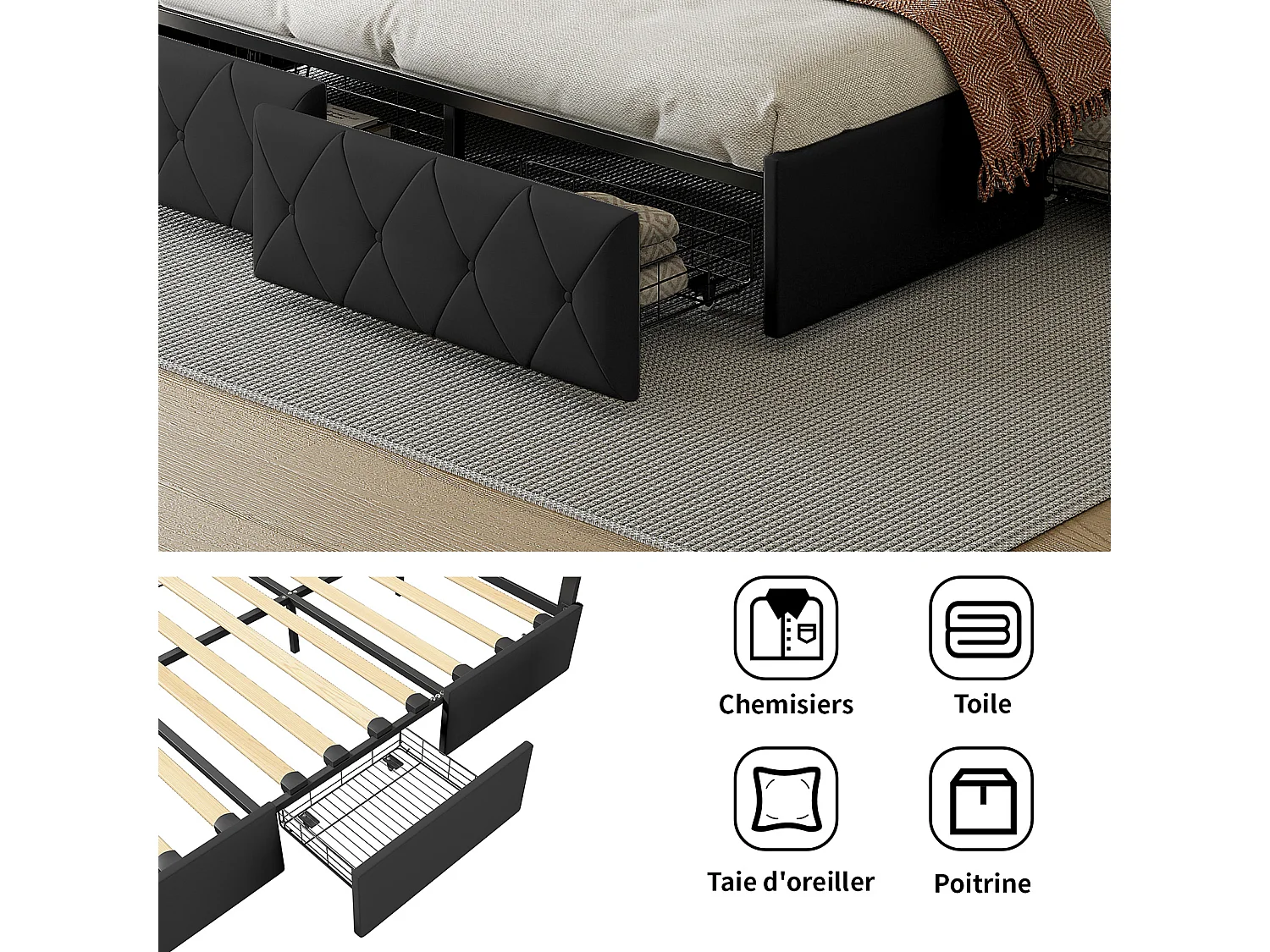 Cama de casal 160x200cm com LED e 4 gavetas - tecido couro sintético - Preto