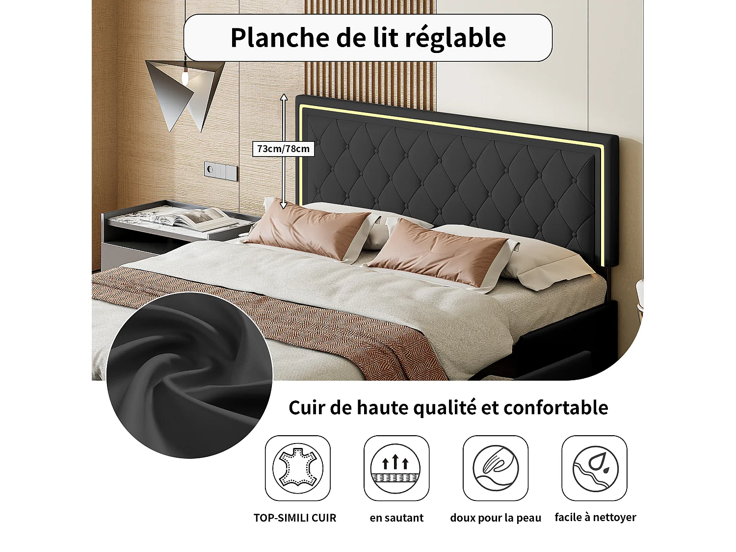 Cama de casal 160x200cm com LED e 4 gavetas - tecido couro sintético - Preto
