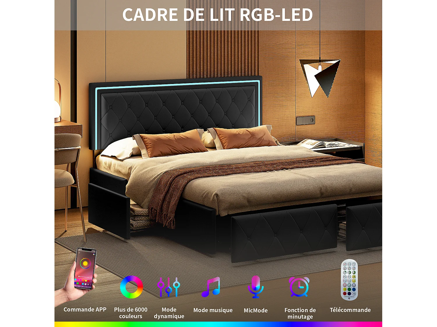 Cama de casal 160x200cm com LED e 4 gavetas - tecido couro sintético - Preto