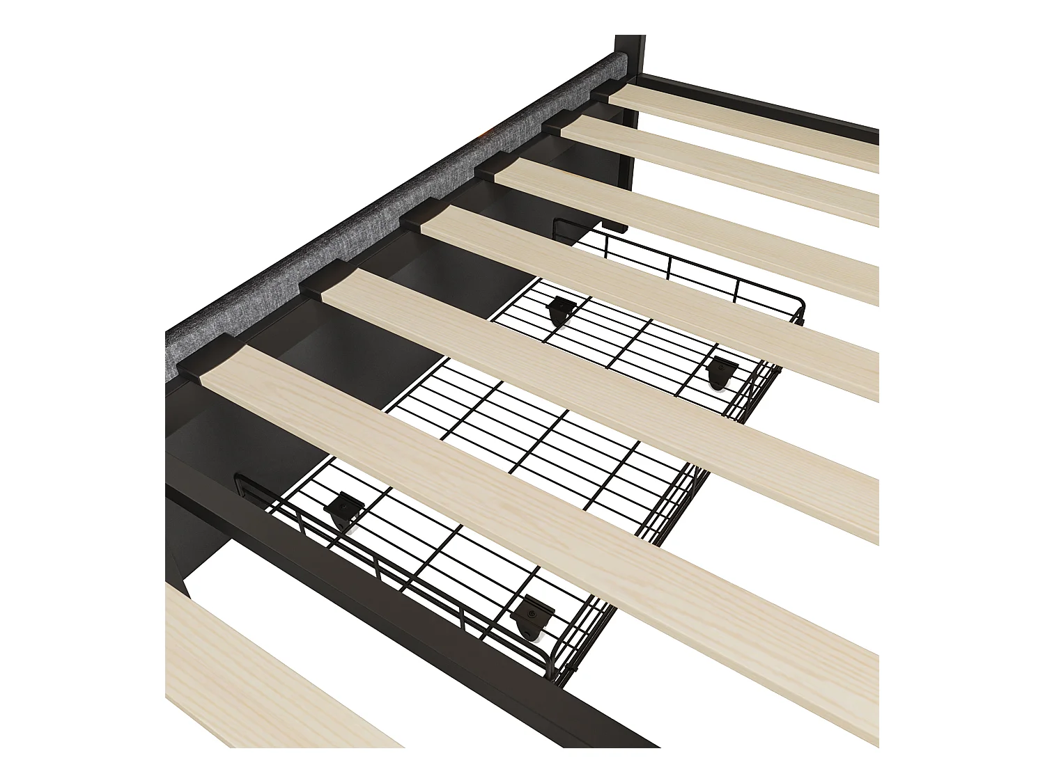 Cama 160x200 com base LED e USB, Cama de casal com ripas, Cama estofada 160x200cm com 4 gavetas e cama de arrumação grande, Cama de casal, Cama 160x200, Cinzento