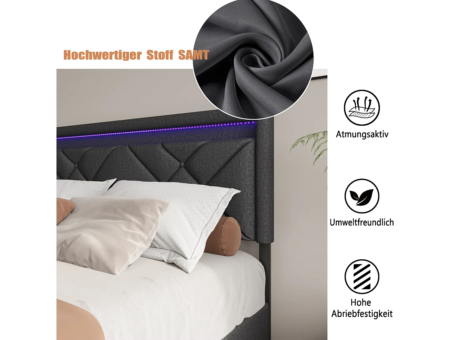 Bed 140x200 met LED- en USB-voet, Tweepersoonsbed met lattenbodem, gestoffeerd bed 140x200 cm met 4 lades en groot opbergbed, Tweepersoonsbed, bed 140x200, Grijs