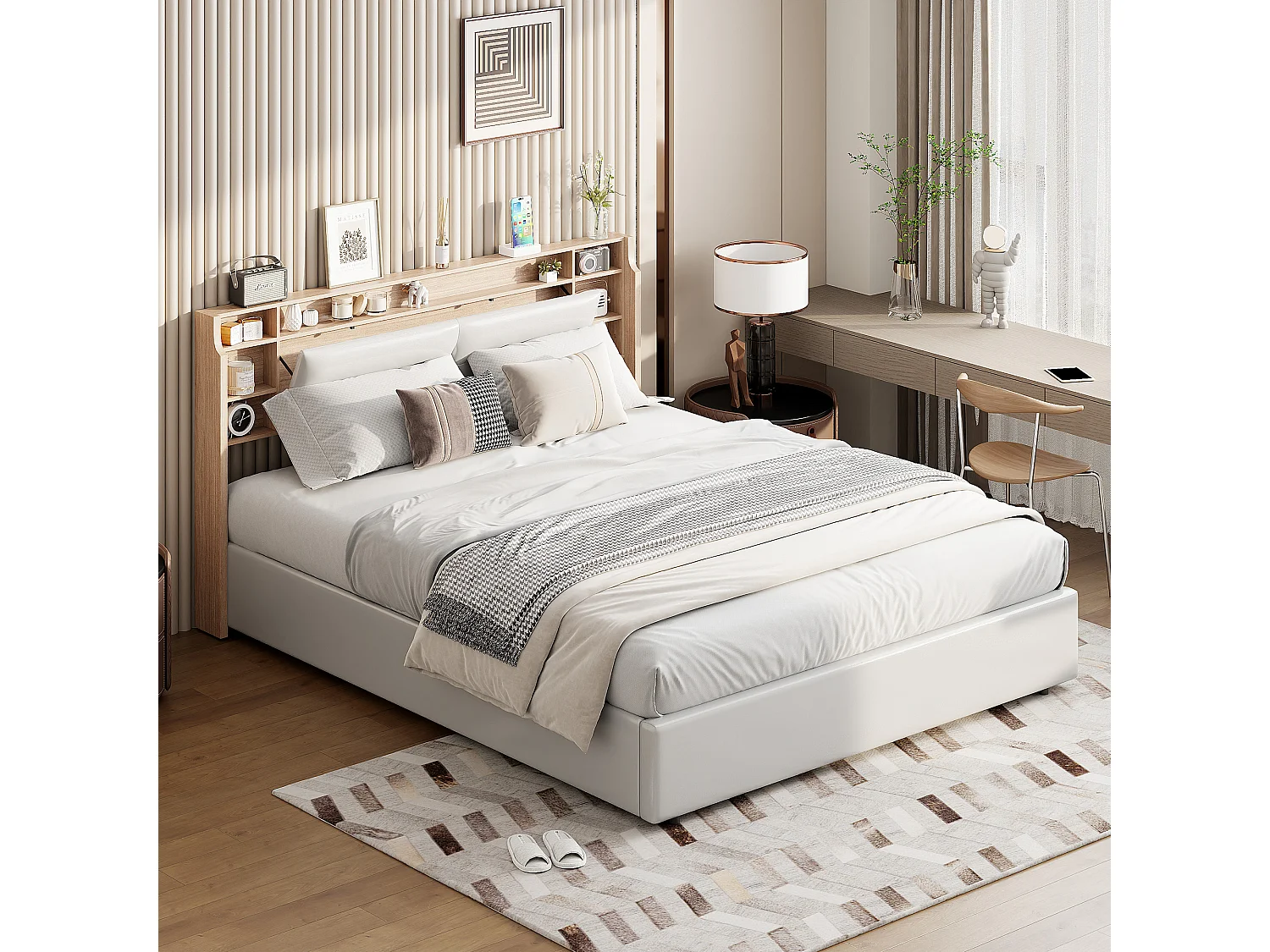 Cama 140x200 cm com estrado de ripas, arrumação LED e cabeceira com 3 compartimentos - PU branco, função de elevação hidráulica, ideal para quartos modernos