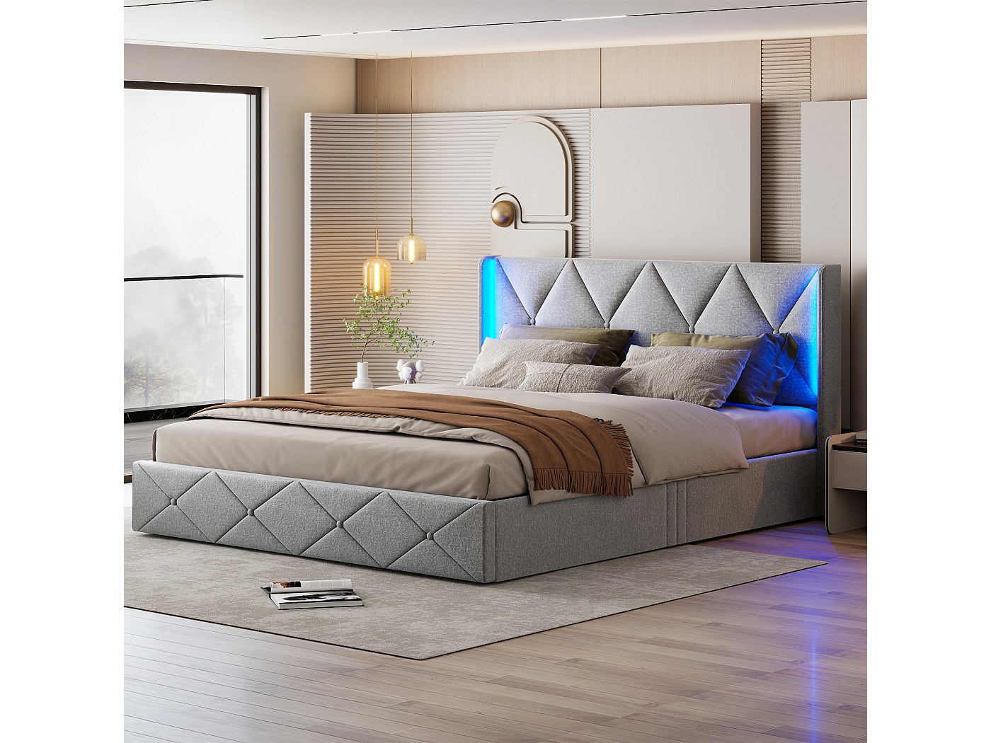 Lit double capitonné 160x200 cm, lit enfant avec éclairage LED, lit Lit double capitonné 160x200 cm, lit enfant avec éclairage LED, lit