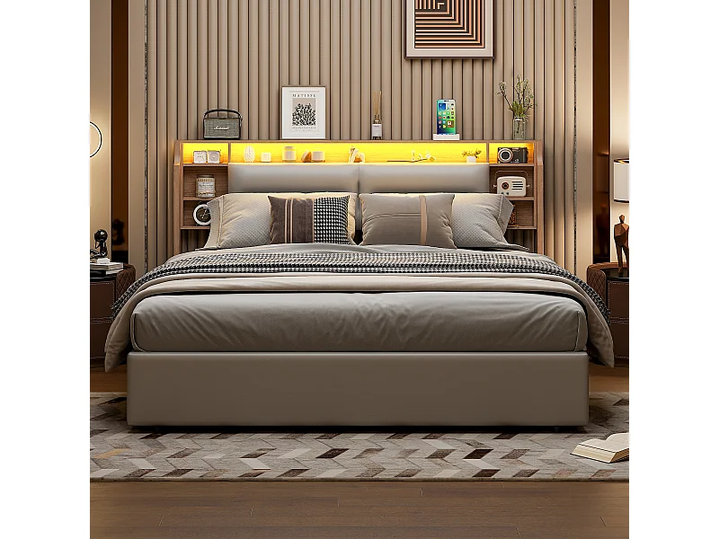 Cama 160x200 cm con somier de láminas, almacenaje LED y cabecero con 3 compartimentos - PU blanco, Función Elevación Hidráulica, Ideal para Dormitorio Moderno