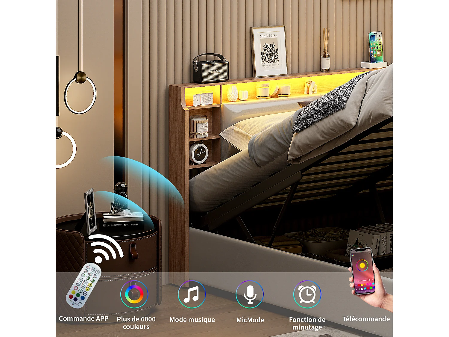 Cama 160x200 cm con somier de láminas, almacenaje LED y cabecero con 3 compartimentos - PU blanco, Función Elevación Hidráulica, Ideal para Dormitorio Moderno