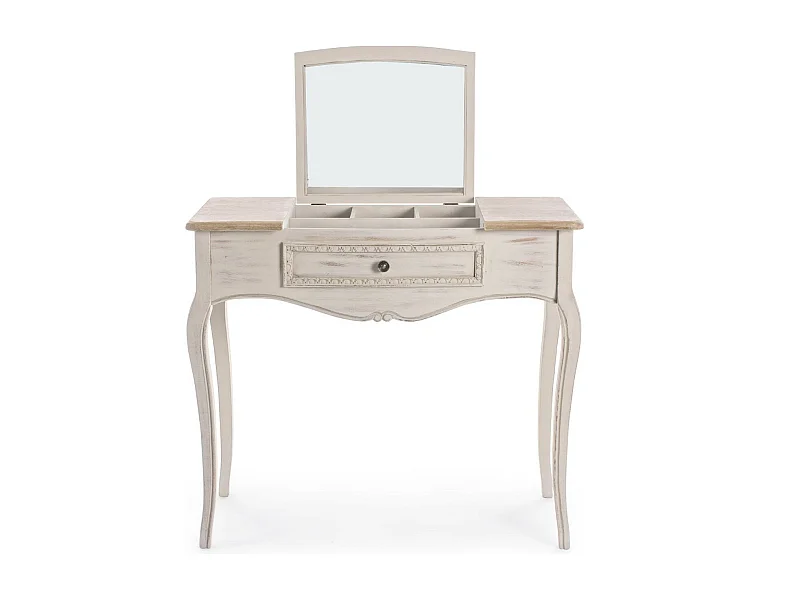 Console coiffeuse en bois beige patiné avec miroir et rangements - GARANCE
