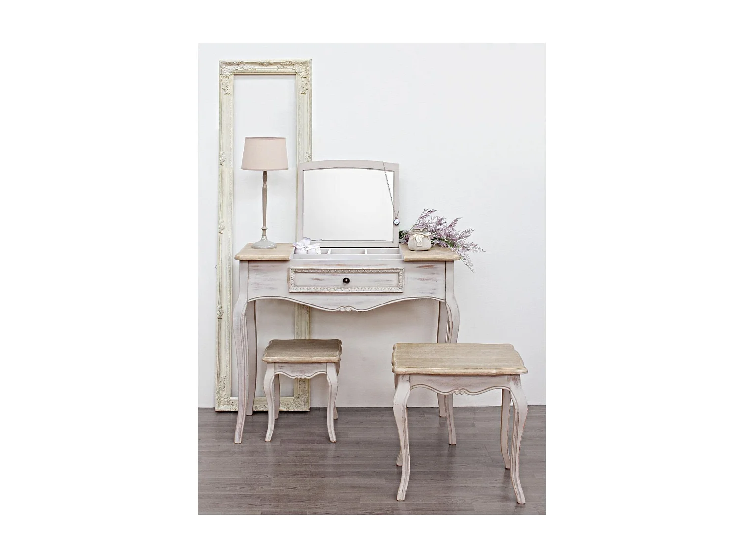 Console coiffeuse en bois beige patiné avec miroir et rangements - GARANCE