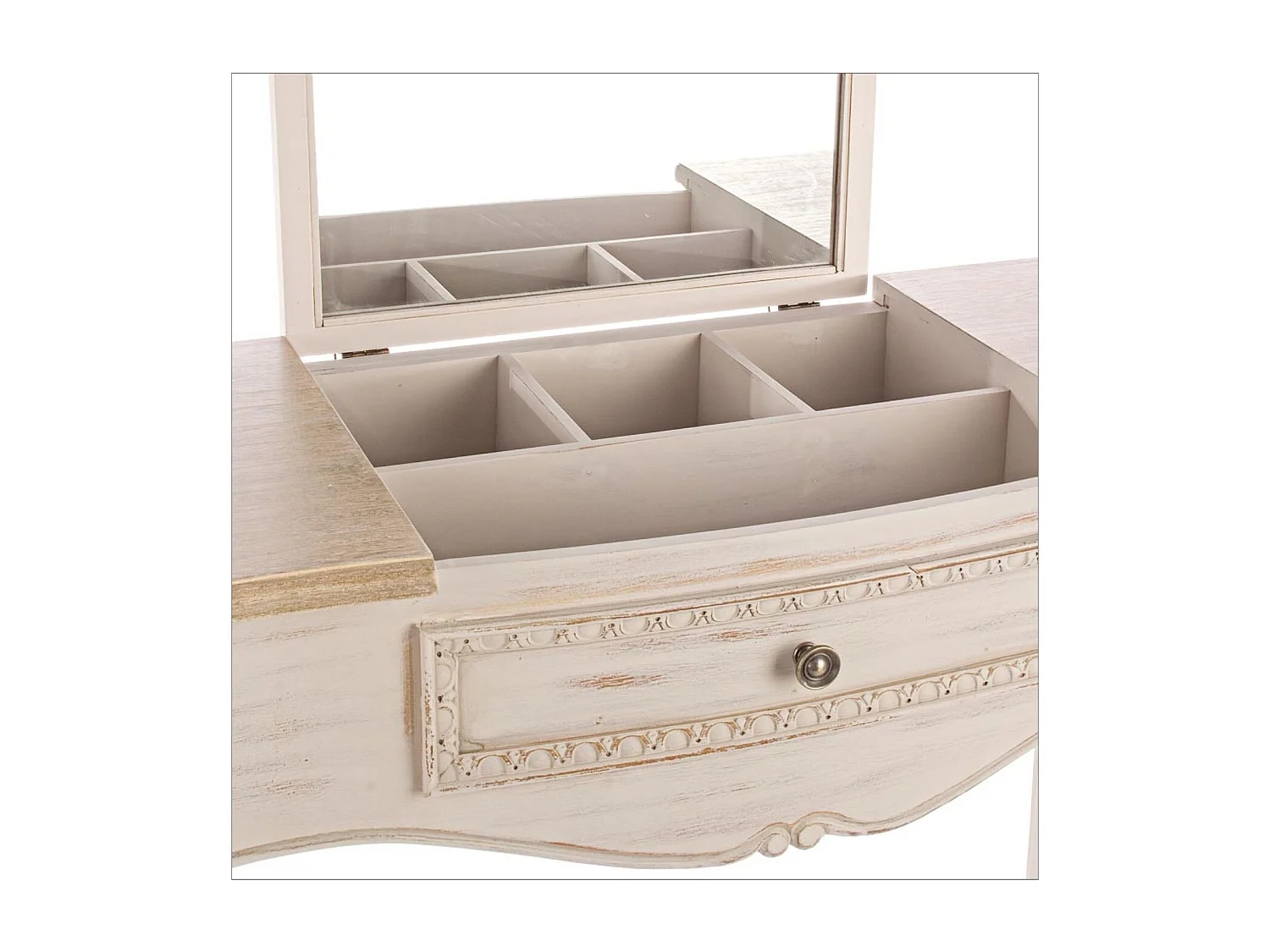 Console coiffeuse en bois beige patiné avec miroir et rangements - GARANCE