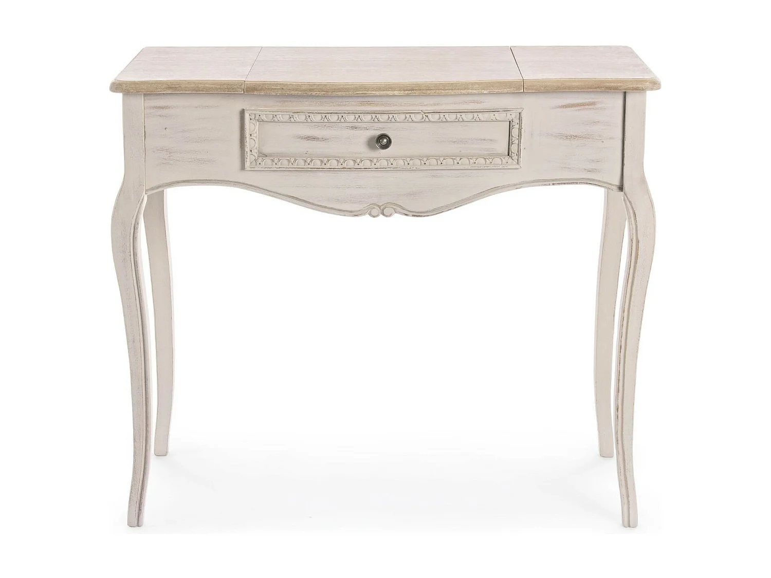 Console coiffeuse en bois beige patiné avec miroir et rangements - GARANCE