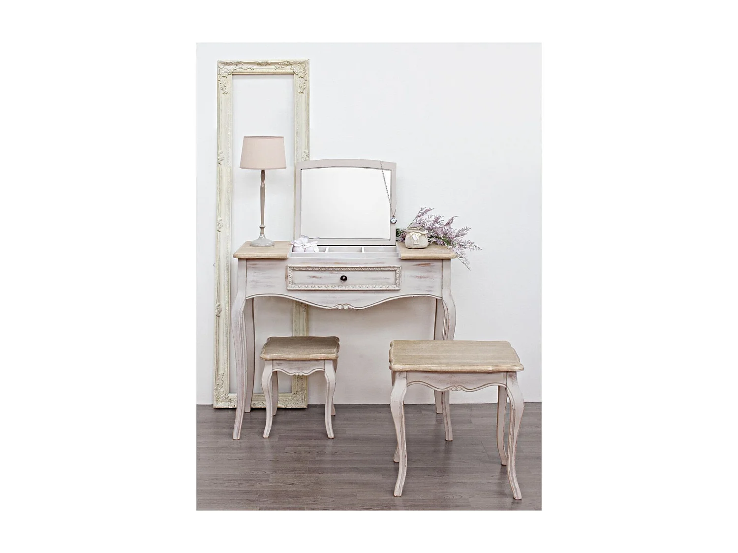 Console coiffeuse en bois beige patiné avec miroir et rangements - GARANCE