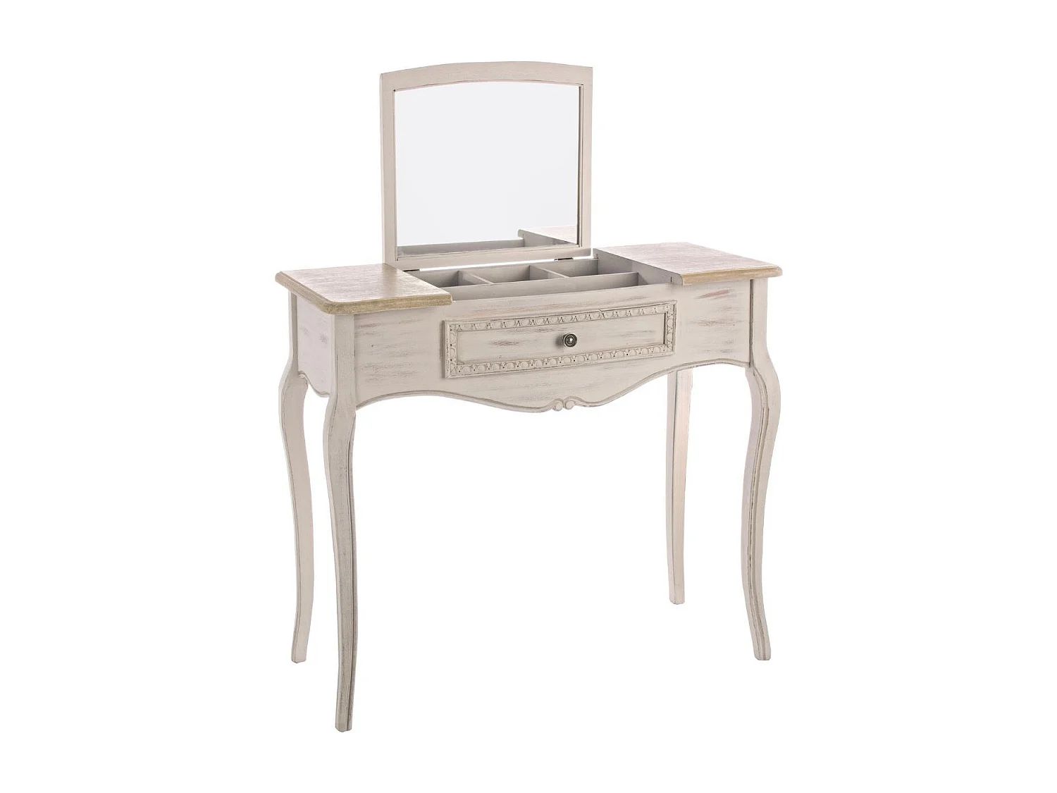 Console coiffeuse en bois beige patiné avec miroir et rangements - GARANCE