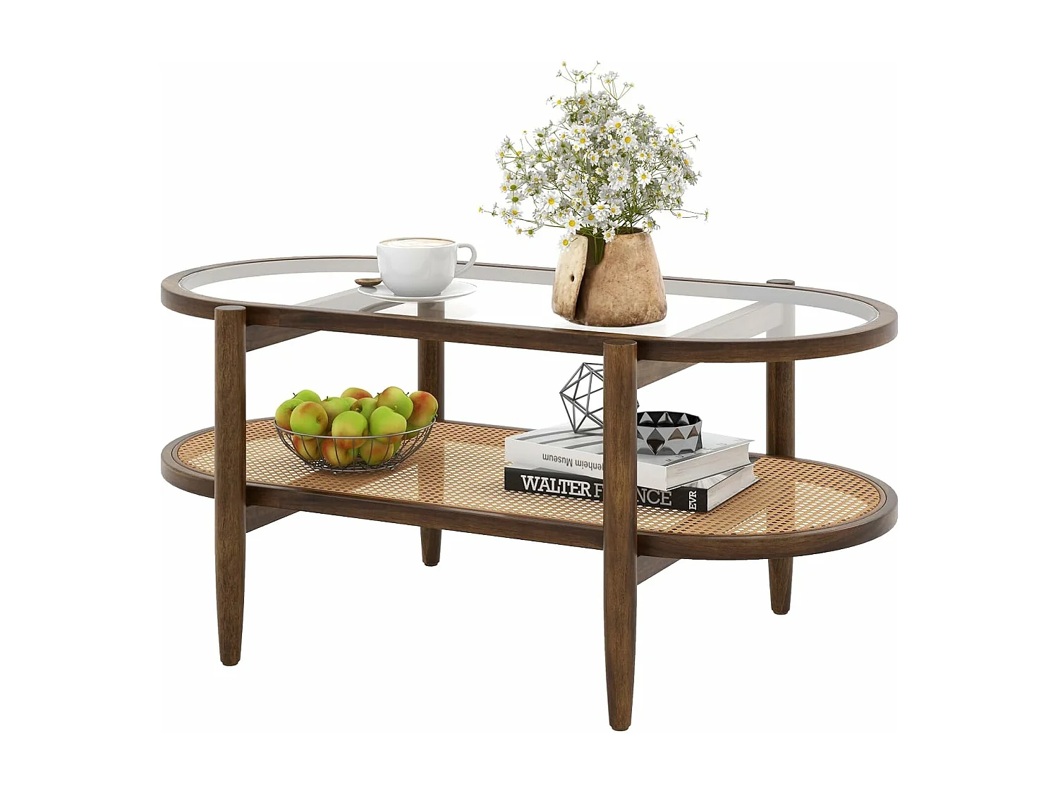 Table Basse Bois, Table Basse Salon Ovale, Cadre en Bois Courbé, Design Cannage en Rotin PE, Table Basse Organique, 90x50x45cm