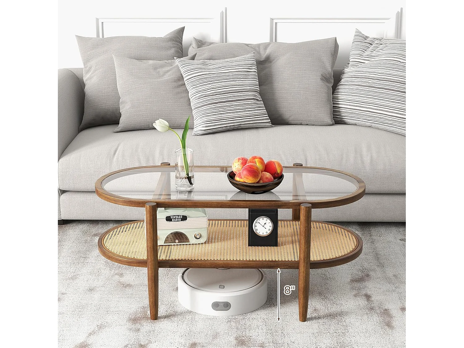 Table Basse Bois, Table Basse Salon Ovale, Cadre en Bois Courbé, Design Cannage en Rotin PE, Table Basse Organique, 90x50x45cm