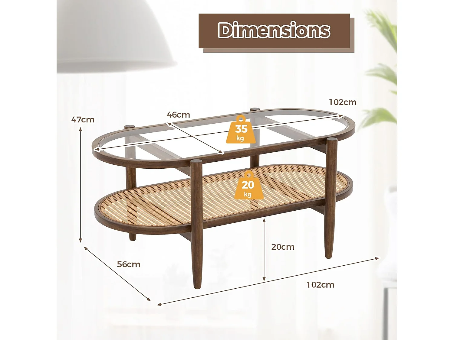 Table Basse Bois, Table Basse Salon Ovale, Cadre en Bois Courbé, Design Cannage en Rotin PE, Table Basse Organique, 90x50x45cm