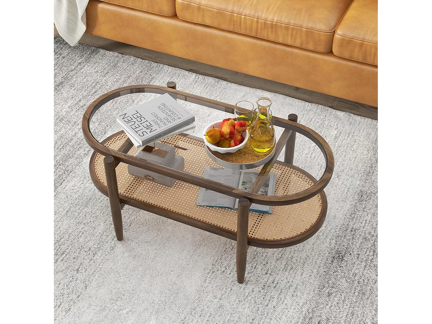 Table Basse Bois, Table Basse Salon Ovale, Cadre en Bois Courbé, Design Cannage en Rotin PE, Table Basse Organique, 90x50x45cm