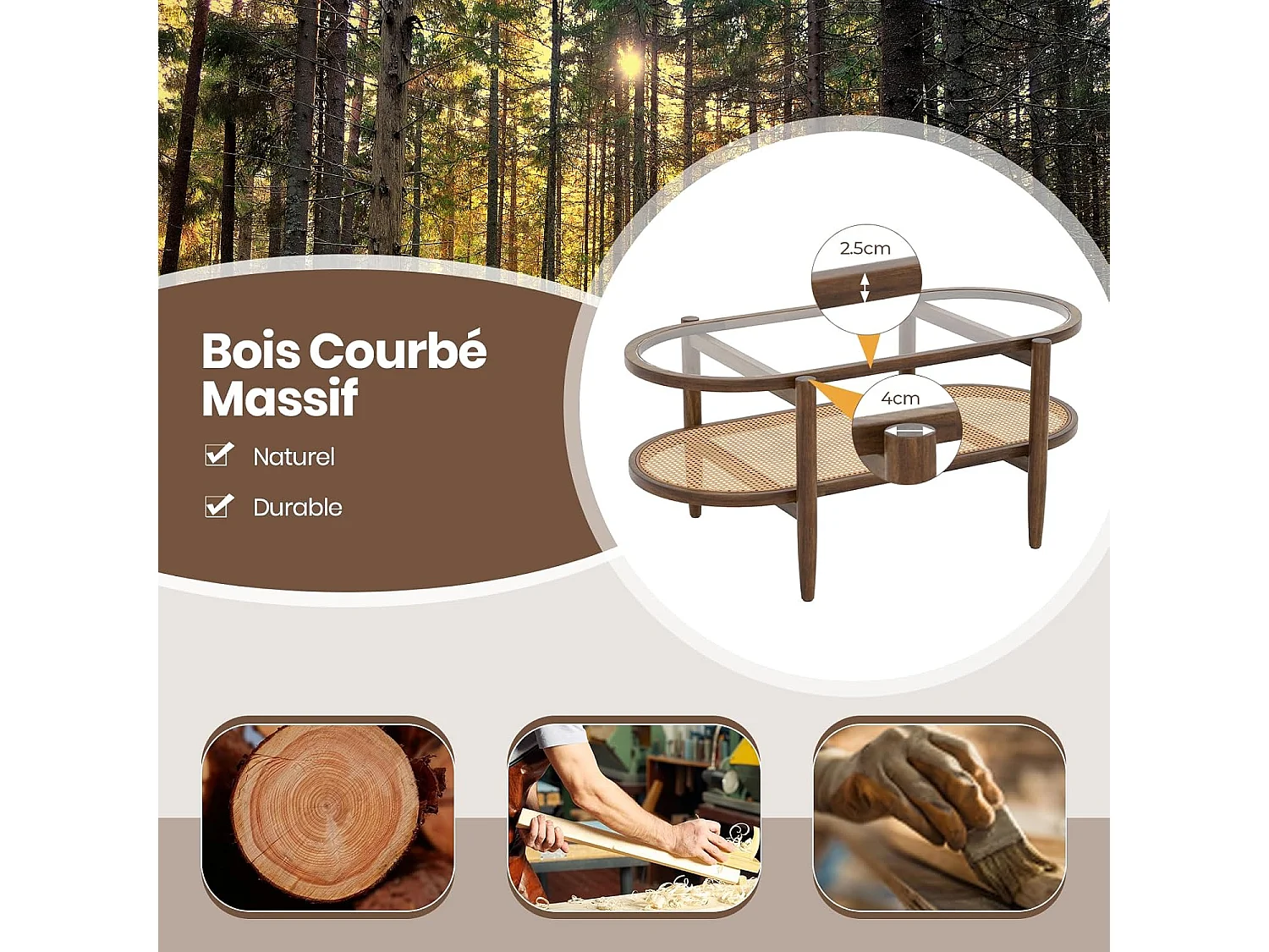 Table Basse Bois, Table Basse Salon Ovale, Cadre en Bois Courbé, Design Cannage en Rotin PE, Table Basse Organique, 90x50x45cm